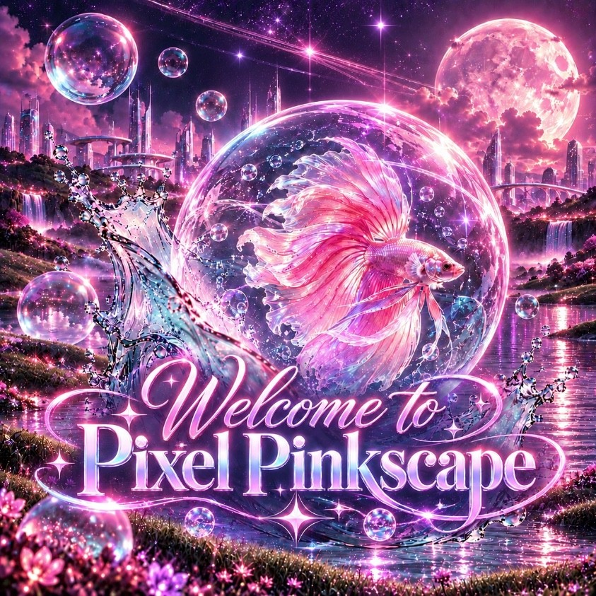 Welcome to Pixel Pinkscape: a pink betta fish swims inside a glowing bubble above moonlit water, with a futuristic city and a full moon behind it.